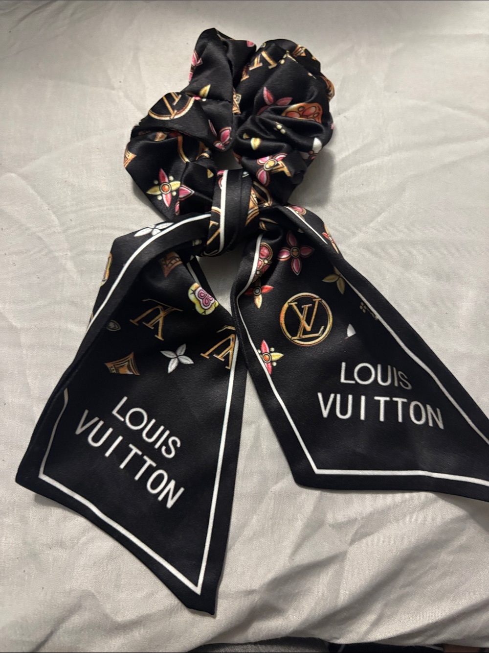Louis Vuitton Black Silk-Print Bow Scrunchie with Gold and Pink Accents